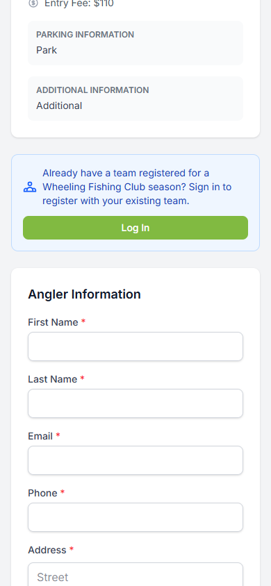 Registration page showing the login prompt for existing team members