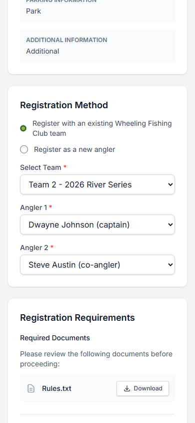 Team and anglers selected from dropdown menus