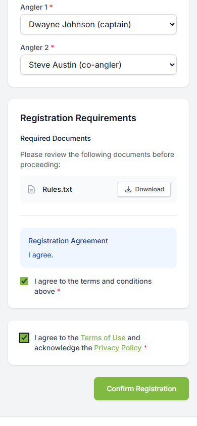 Registration requirements reviewed and agreement checkboxes checked
