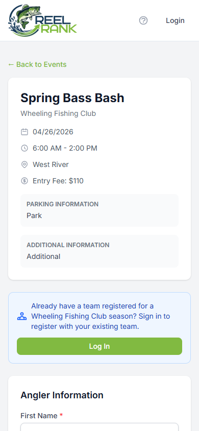 Open event registration page showing event details and login prompt