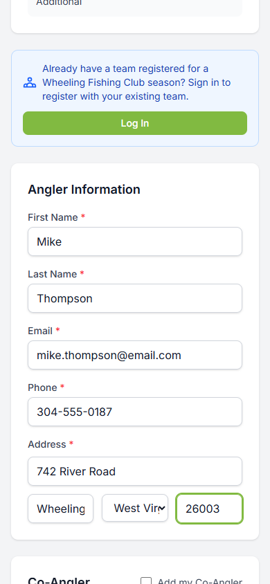 Angler information form filled in with name, email, phone, and address