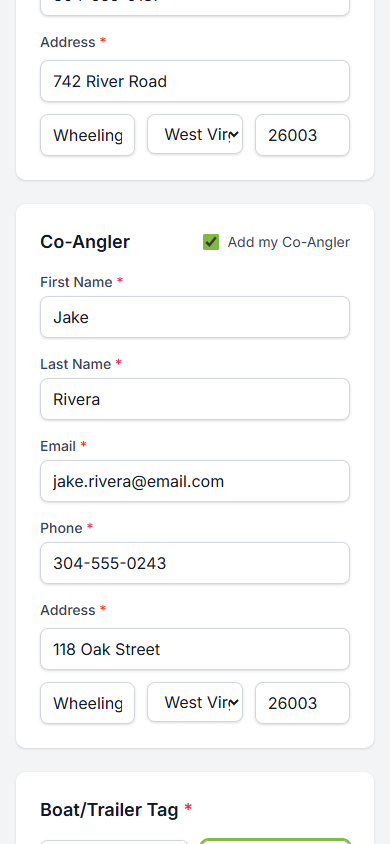 Co-angler section expanded and filled in with partner details