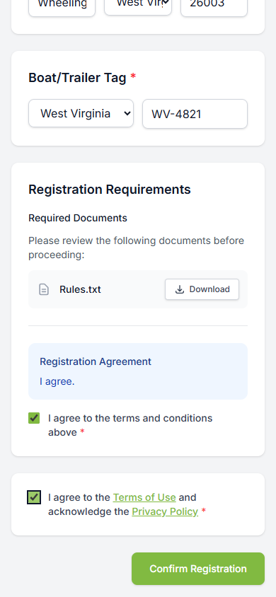 Boat trailer tag filled in and agreement checkboxes checked