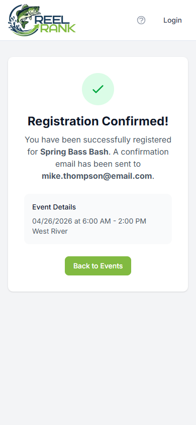 Registration confirmed with success message and event details